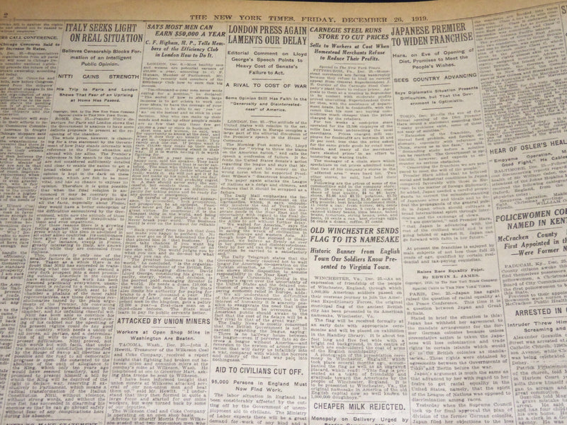 1919 DECEMBER 26 NEW YORK TIMES NEWSPAPER- MAURETANIA BATTERED BY SEAS - NT 8531