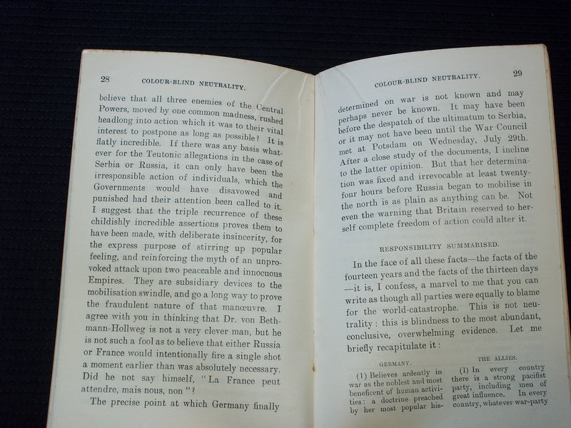 1916 COLOUR-BLIND NEUTRALITY SOFTCOVER BOOK BY WILLIAM ARCHER - J 7174