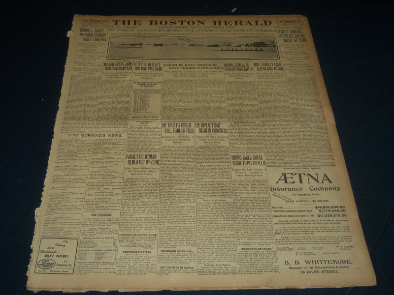 1906 MAY 26 THE BOSTON HERALD - CORNELL BEATS HARVARD CREW BY 3 LENGTHS - BH 292