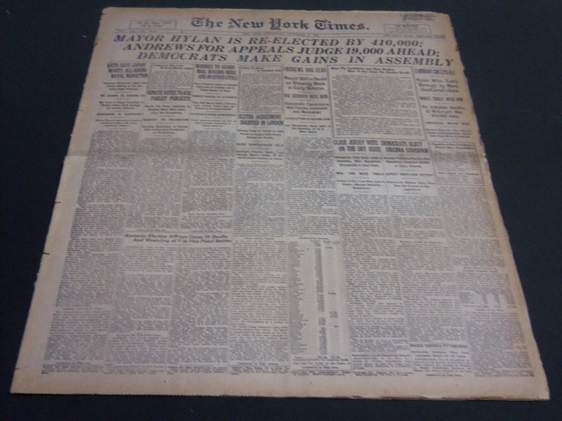 1921 NOVEMBER 9 NEW YORK TIMES - MAYOR HYLAN IS RE-ELECTED BY 410,000 - NT 6954