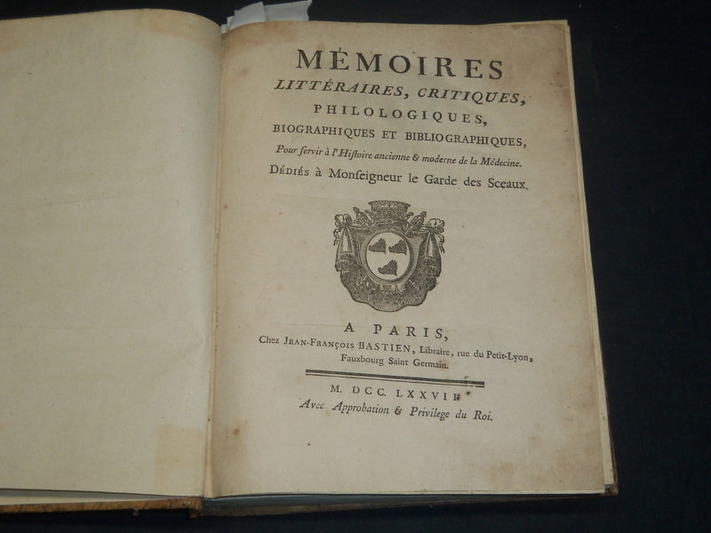 1777 MEMOIRES LITTERAIRES DE LA MEDECINE BOOK BY JEAN GOULIN - FRENCH - KD 2016G