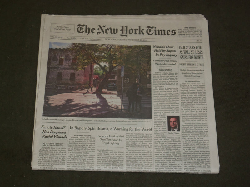 2018 NOV 20 NEW YORK TIMES - TECH STOCKS DIVE AS WALL ST. LOSES GAINS FOR MONTH