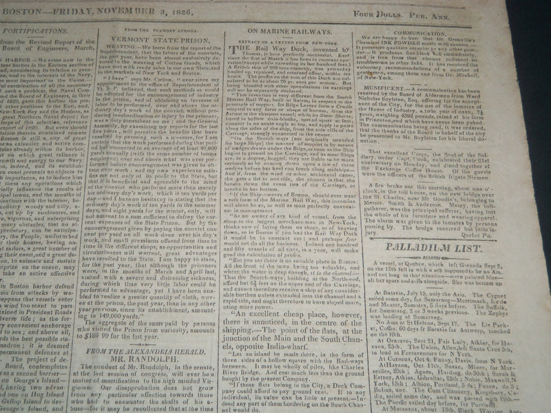 1826 NOVEMBER 3 NEW ENGLAND PALLADIUM & COMMERCIAL ADVERTISER - NP 3979
