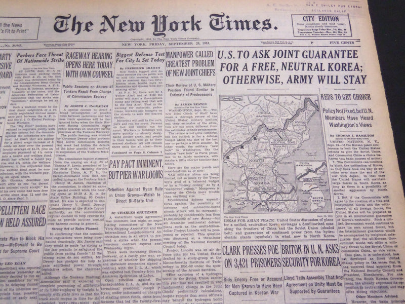 1953 SEPT 25 NEW YORK TIMES - U. S. TO ASK FOR A FREE NEUTRAL KOREA - NT 4616