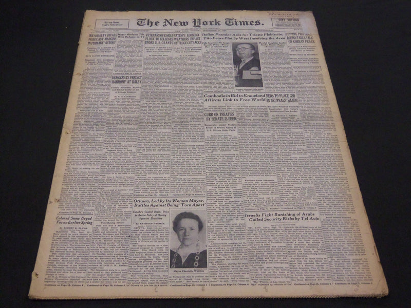 1953 SEPT 14 NEW YORK TIMES - MAYORALTY RIVALS FORECAST PRIMARY VICTORY- NT 4460