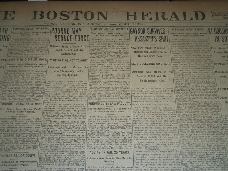 1910 AUGUST 10 THE BOSTON HERALD - GAYNOR SURVIVES ASSASSIN'S SHOT - BH 152