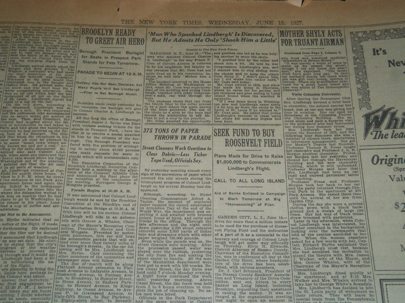 1927 JUNE 15 NEW YORK TIMES - LINDBERGH A TENANT FOR SPIN IN THE AIR - NT 7523