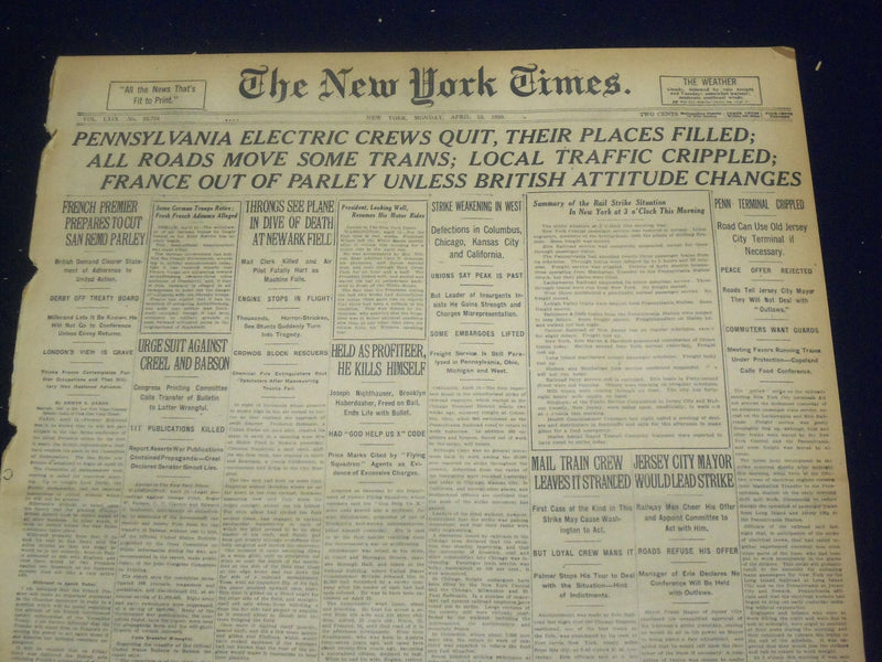1920 APRIL 12 NEW YORK TIMES - PENNSYLVANIA ELECTRIC CREWS QUIT - NT 8288