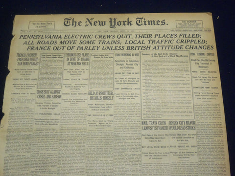 1920 APRIL 12 NEW YORK TIMES - PENNSYLVANIA ELECTRIC CREWS QUIT - NT 8288
