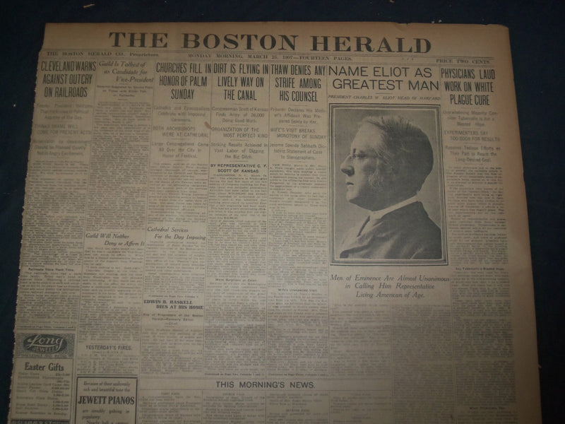 1907 MARCH 25 THE BOSTON HERALD - NAME ELIOT AS GREATEST MAN - BH 16