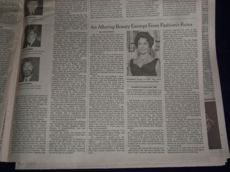 2011 MARCH 24 THE NEW YORK TIMES - ELIZABETH TAYLOR DEAD - NP 3034