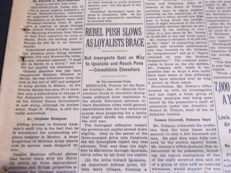 1939 JANUARY 18 NEW YORK TIMES - REBEL PUSH SLOWS AS LOYALISTS BRACE- NT 6833