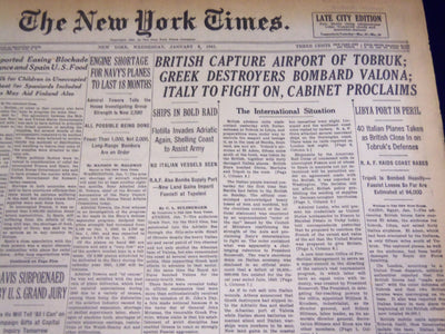1941 JANUARY 8 NEW YORK TIMES - BRITISH CAPTURE AIRPORT OF TOBRUK - NT 1319