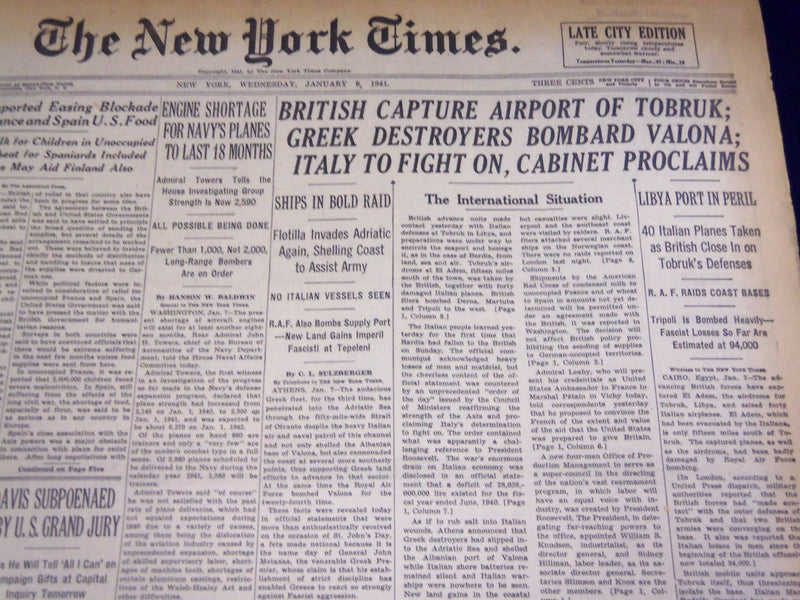 1941 JANUARY 8 NEW YORK TIMES - BRITISH CAPTURE AIRPORT OF TOBRUK - NT 1319