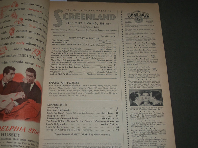 1941 FEBRUARY SCREENLAND MAGAZINE - BETTY GRABLE COVER - SP 7204