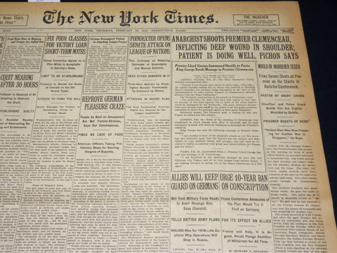 1919 FEBRUARY 20 NEW YORK TIMES - ANARCHIST SHOOTS PREMIER CLEMENCEAU - NT 7975
