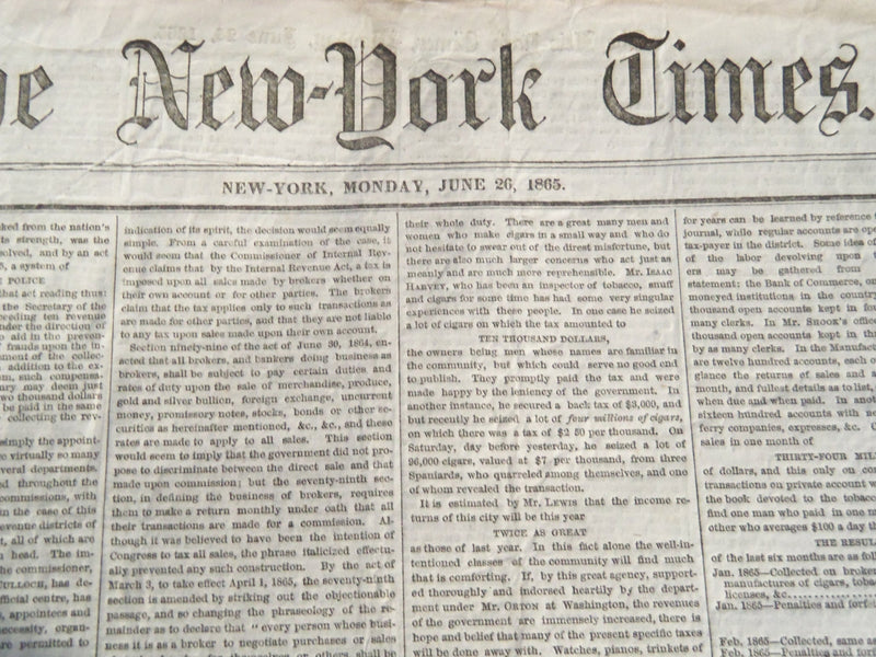 1865 JUNE 26 NEW YORK TIMES NEWSPAPER - OUR INTERNAL REVENUE - NP 3995