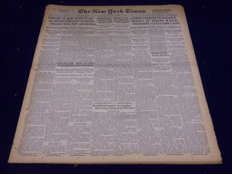 1936 OCT 10 NEW YORK TIMES - LANDON PLEDGES TO BALANCE BUDGET - NT 2119