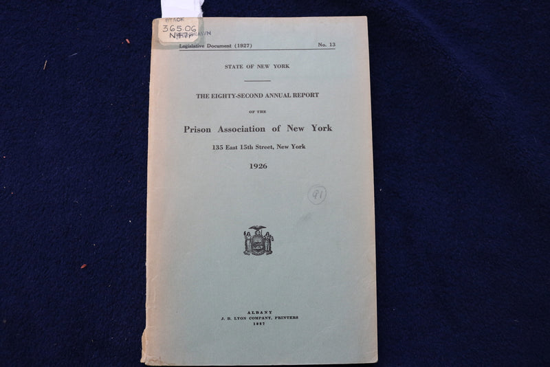 1927 PRISON ASSOCIATION OF NEW YORK ANNUAL REPORT SOFTCOVER BOOK - K 871