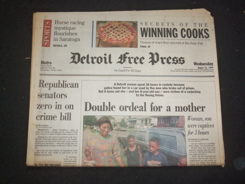 1994 AUG 24 DETROIT FREE PRESS NEWSPAPER - REP. SENATORS ON CRIME BILL - NP 7678