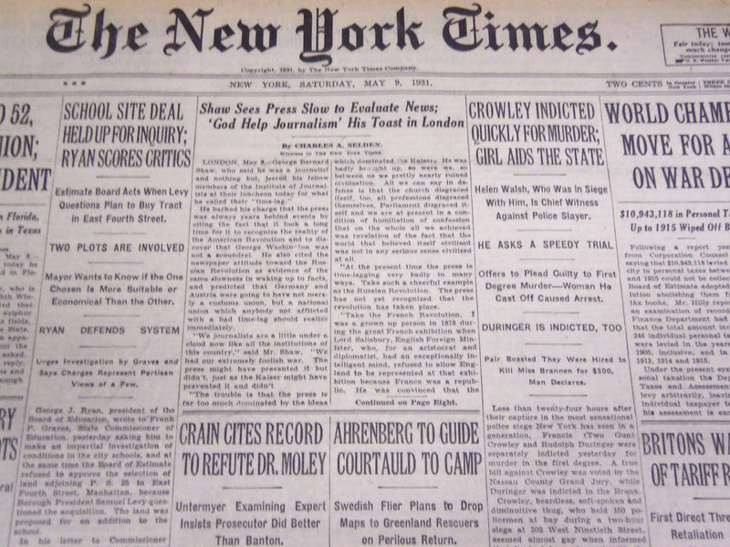1931 MAY 9 NEW YORK TIMES - CROWLEY INDICTED FOR MURDER - NT 4133