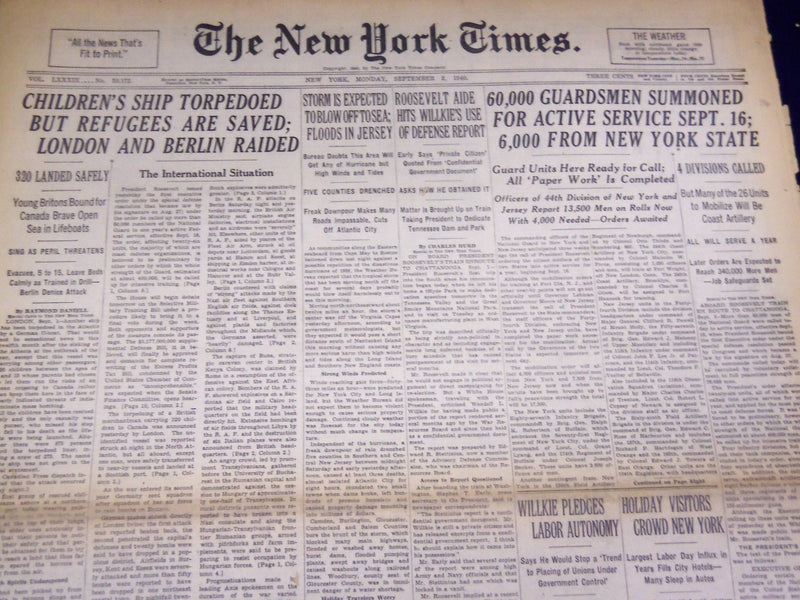 1940 SEPTEMBER 2 NEW YORK TIMES - CHILDREN SHIP TORPEDOED - NT 2929