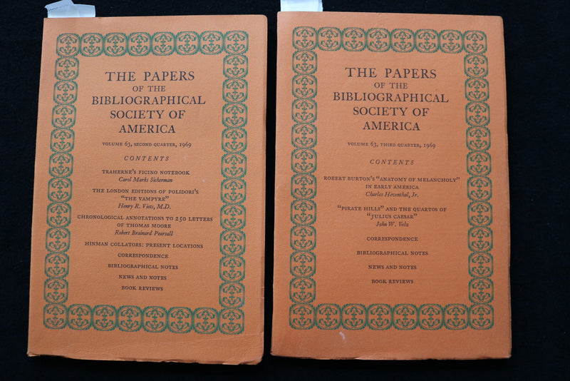 1969 THE PAPERS OF THE BIBLIOGRAPHICAL SOCIETY OF AMERICA - LOT OF 2 - K 2241