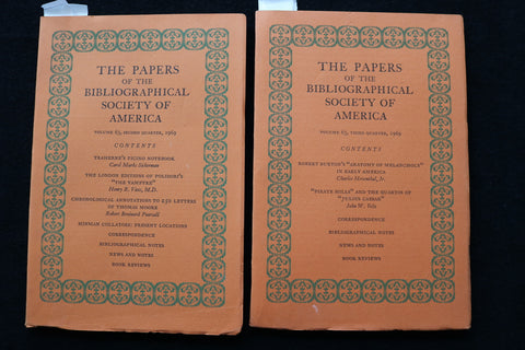 1969 THE PAPERS OF THE BIBLIOGRAPHICAL SOCIETY OF AMERICA - LOT OF 2 - K 2241