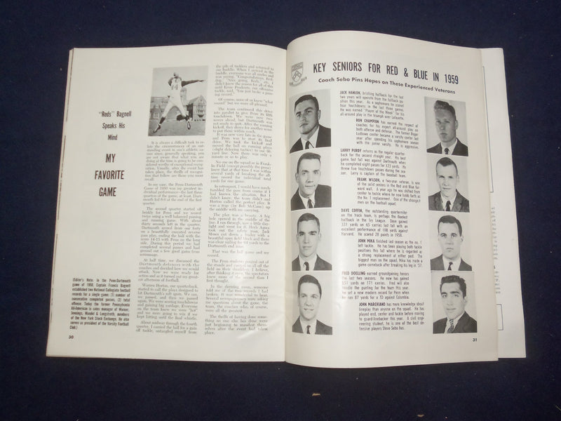 1959 OCTOBER 3 DARTMOUTH VS. PENNSYLVANIA FOOTBALL PROGRAM -NICE PHOTOS - J 9458