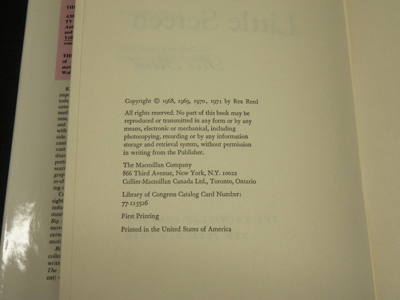 1971 BIG SCREEN LITTLE SCREEN HARDCOVER BOOK INSCRIBED BY REX REED - D 454