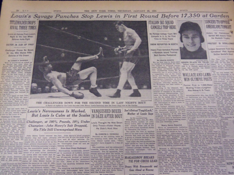 1939 JAN 26 NEW YORK TIMES - JOE LOUIS WINS - LOU GEHRIG SIGNS - REBELS - NT 501