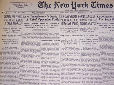 1940 FEBRUARY 12 NEW YORK TIMES - LORD TWEEDSMUIR DEAD AT 64 - NT 2875