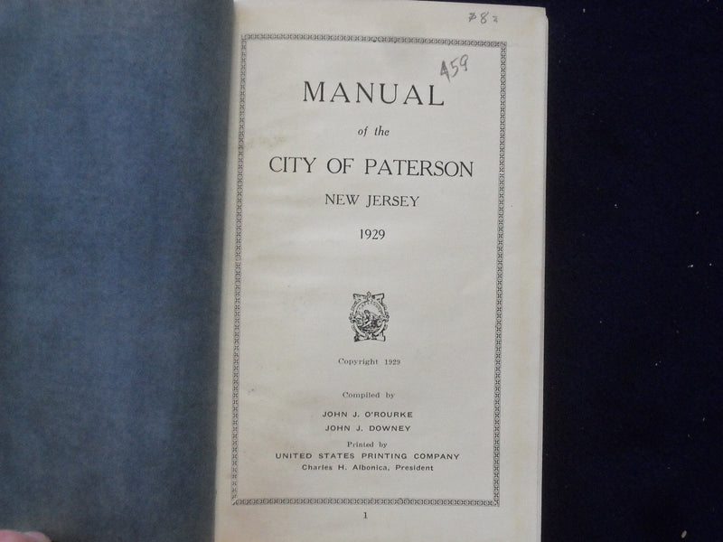 1929 MANUAL OF THE CITY OF PATERSON NEW JERSEY 1929 HARDCOVER BOOK - KD 8849