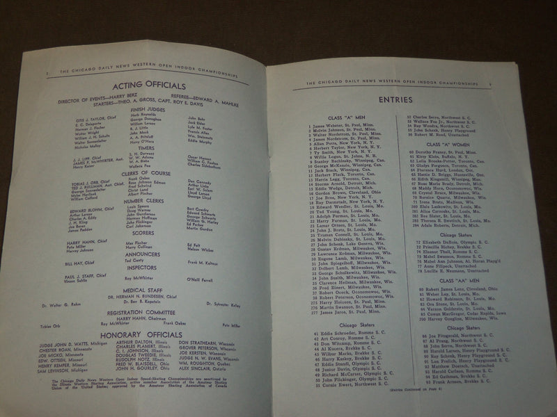 1934 FEBRUARY 3 WESTERN OPEN INDOOR SPEED SKATING CHAMPIONSHIPS PROGRAM - J 3499
