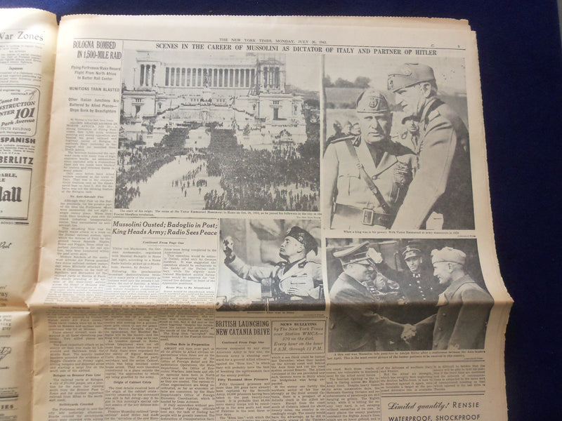 1943 JULY 26 NEW YORK TIMES - MUSSOLINI OUSTED WITH FASCIST CABINET - NP 6470