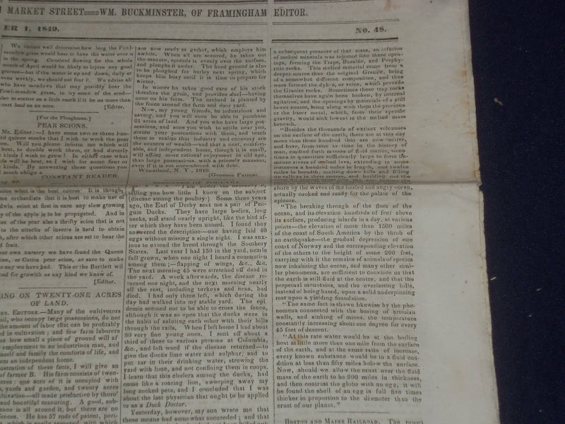 1849 SEPTEMBER 1 MASSACHUSETTS PLOUGHMAN NEWSPAPER - EARTH'S CRUST - NP 5172