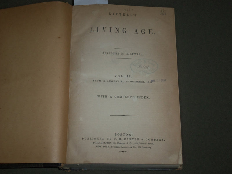 1844 AUGUST 10-OCTOBER 26 LITTELL'S LIVING AGE BOUND VOLUME NO. 2 - KD 4545