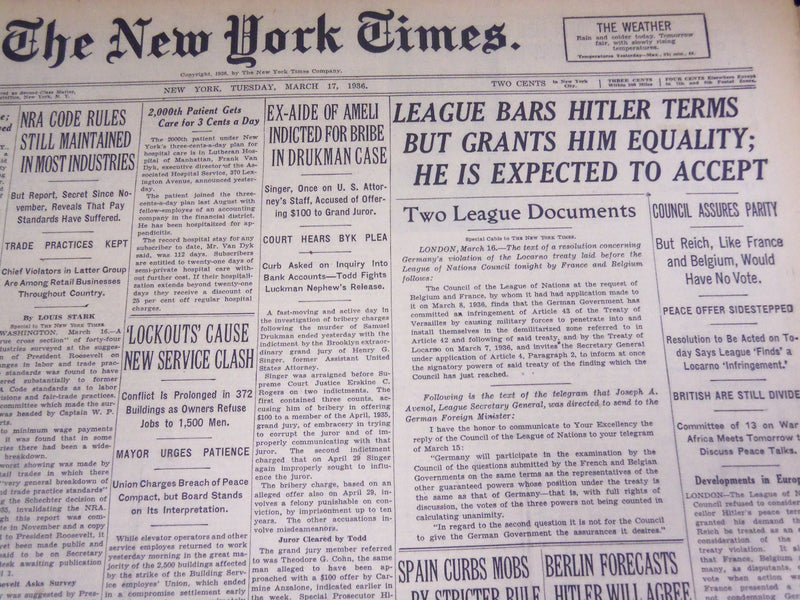 1936 MARCH 17 NEW YORK TIMES - LEAGUE BARS HITLER TERMS - NT 1851
