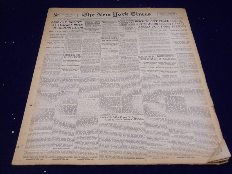 1935 APRIL 13 NEW YORK TIMES - 3,000 AT FUNERAL OF ADOLPH S. OCHS - NT 2008