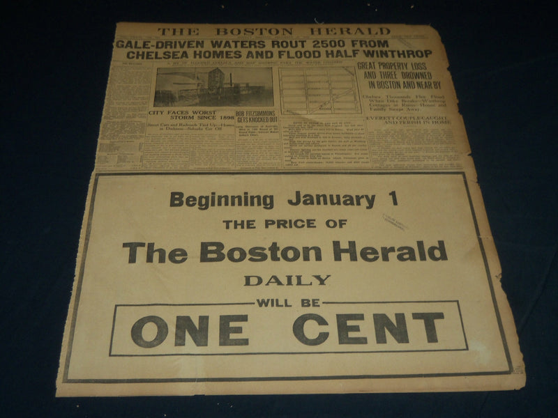 1909 DECEMBER 27 THE BOSTON HERALD NEWSPAPER - HALF OF WINTHROP FLOODED - BH 318