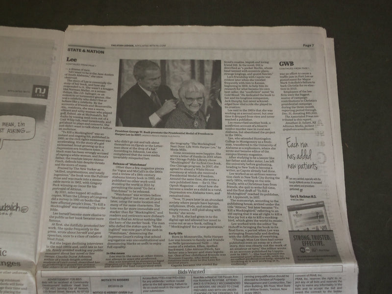 2016 FEBRUARY 21 STAR LEDGER NEWSPAPER - HARPER LEE DIED - 1926-2016