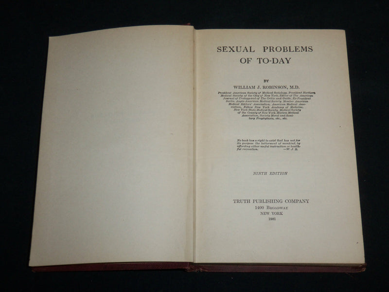 1921 SEXUAL PROBLEMS OF TO-DAY HARDCOVER BOOK BY WILLIAM J. ROBINSON - KD 7216
