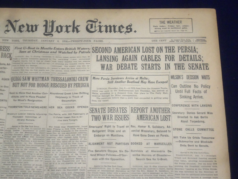 1916 JANUARY 6 NEW YORK TIMES - SECOND AMERICAN LOST ON THE PERSIA - NT 9053