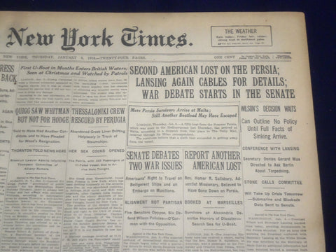 1916 JANUARY 6 NEW YORK TIMES - SECOND AMERICAN LOST ON THE PERSIA - NT 9053