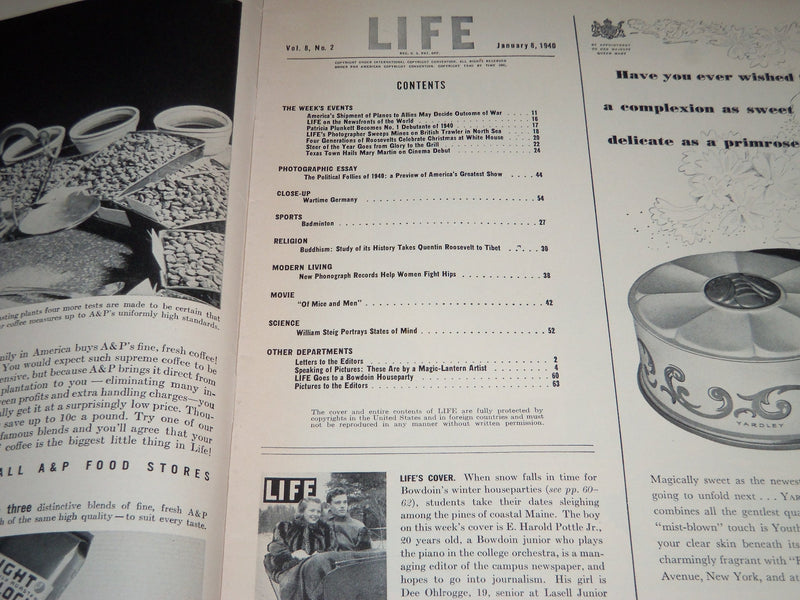 1940 JANUARY 8 LIFE MAGAZINE - BOWDOIN HOUSE PARTY COVER - L 166