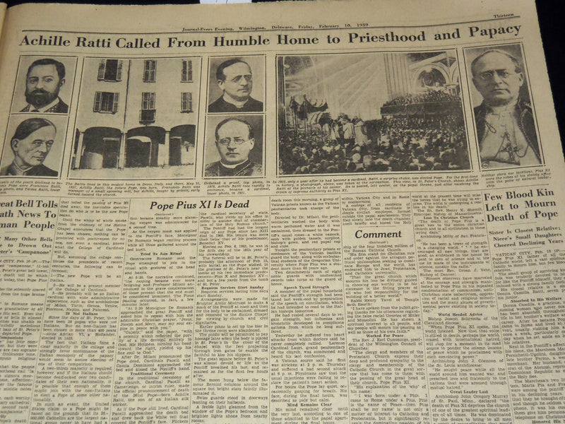 1939 FEBRUARY 10 JOURNAL EVERY EVENING NEWSPAPER - POPE PIUS DIES - NT 9447