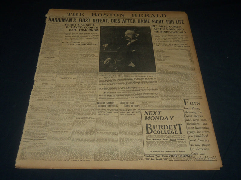1909 SEPT 10 THE BOSTON HERALD - HARRIMAN DIES AFTER GAME FIGHT FOR LIFE- BH 201