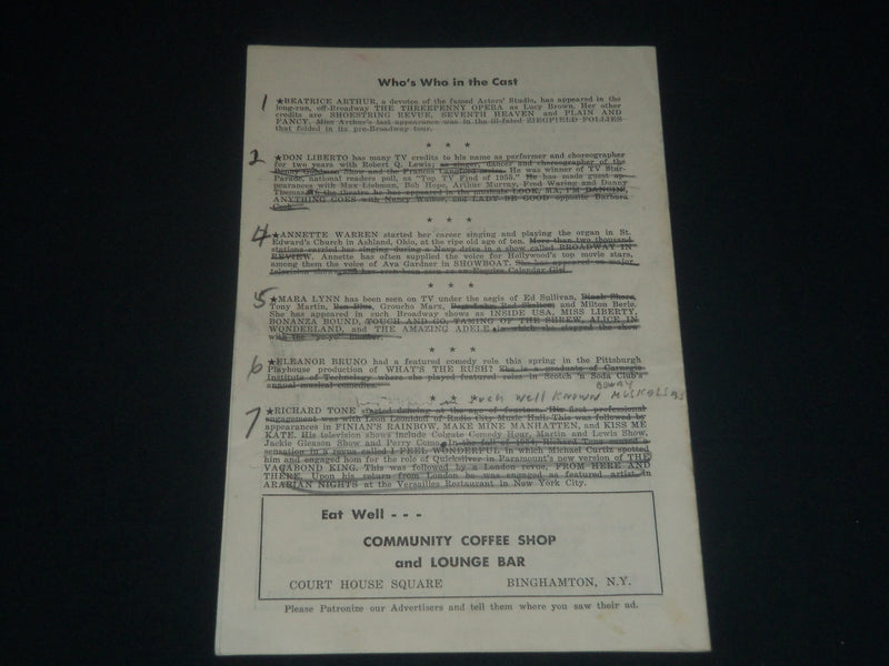 1956 JUNE 30 WHAT'S THE RUSH PROGRAM - ROBERT Q. LEWIS - BEA ARTHUR - J 4231
