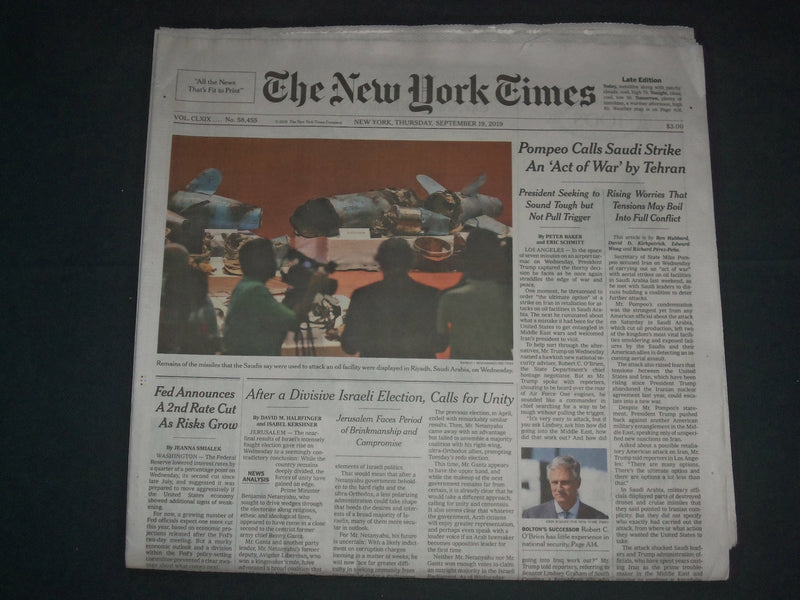 2019 SEPTEMBER 19 NEW YORK TIMES- POMPEO CALLS SAUDI STRIKE ACT OF WAR BY TEHRAN