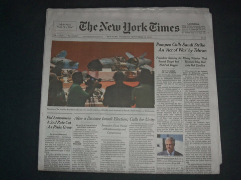 2019 SEPTEMBER 19 NEW YORK TIMES- POMPEO CALLS SAUDI STRIKE ACT OF WAR BY TEHRAN